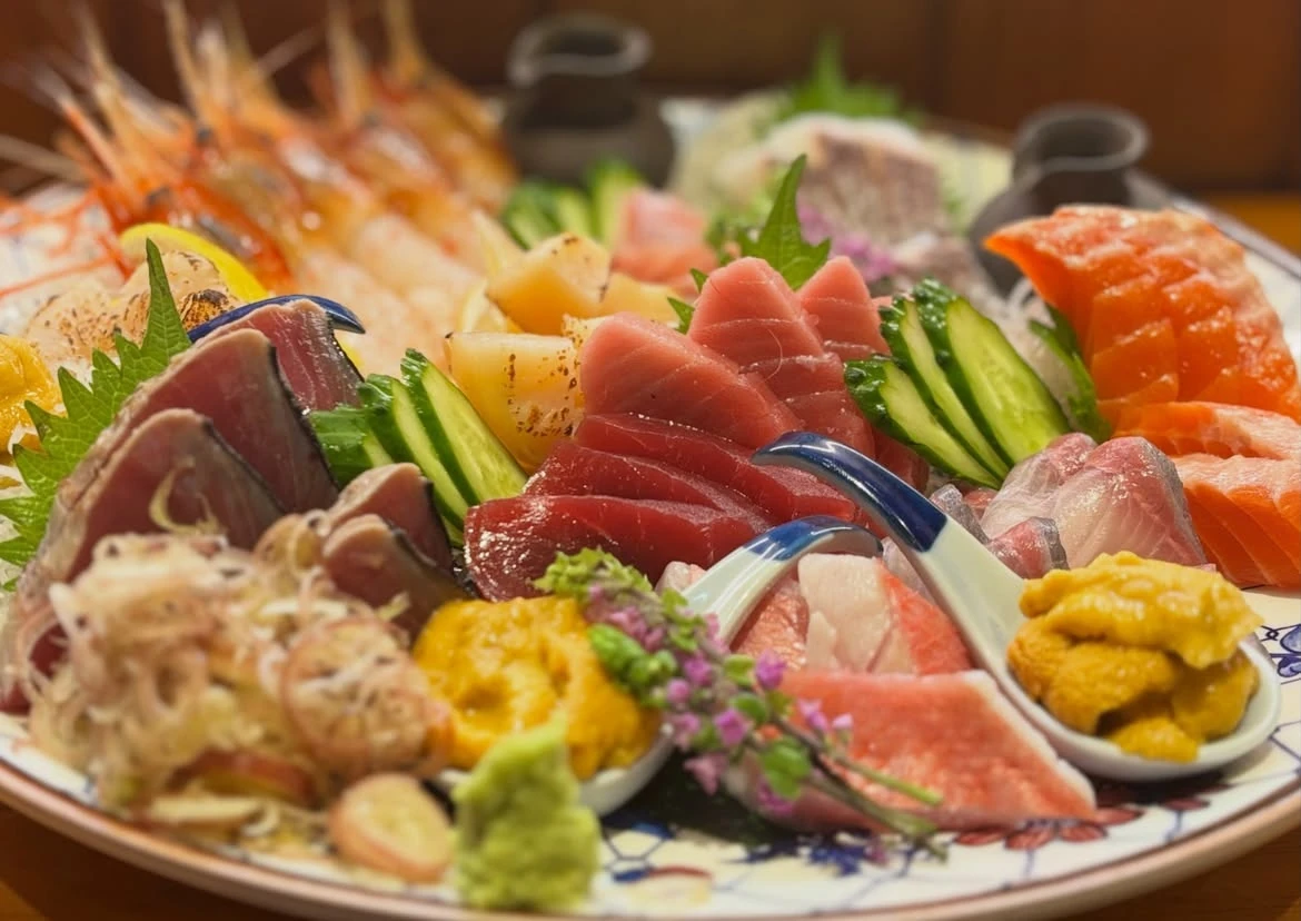 刺身.jpg:まぐろ、白身魚、うになどが盛られた刺身の一皿